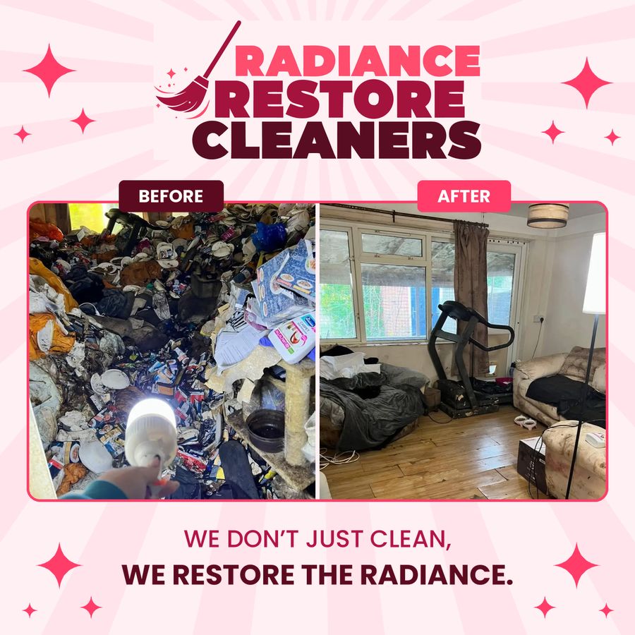 Before and after: a cluttered room restored by Radiance Restore Cleaners