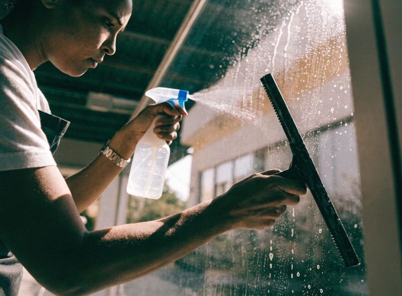 Cleaner squeegeeing an interior glass door during Ceiling Cleaning in Fort Pierce, FL