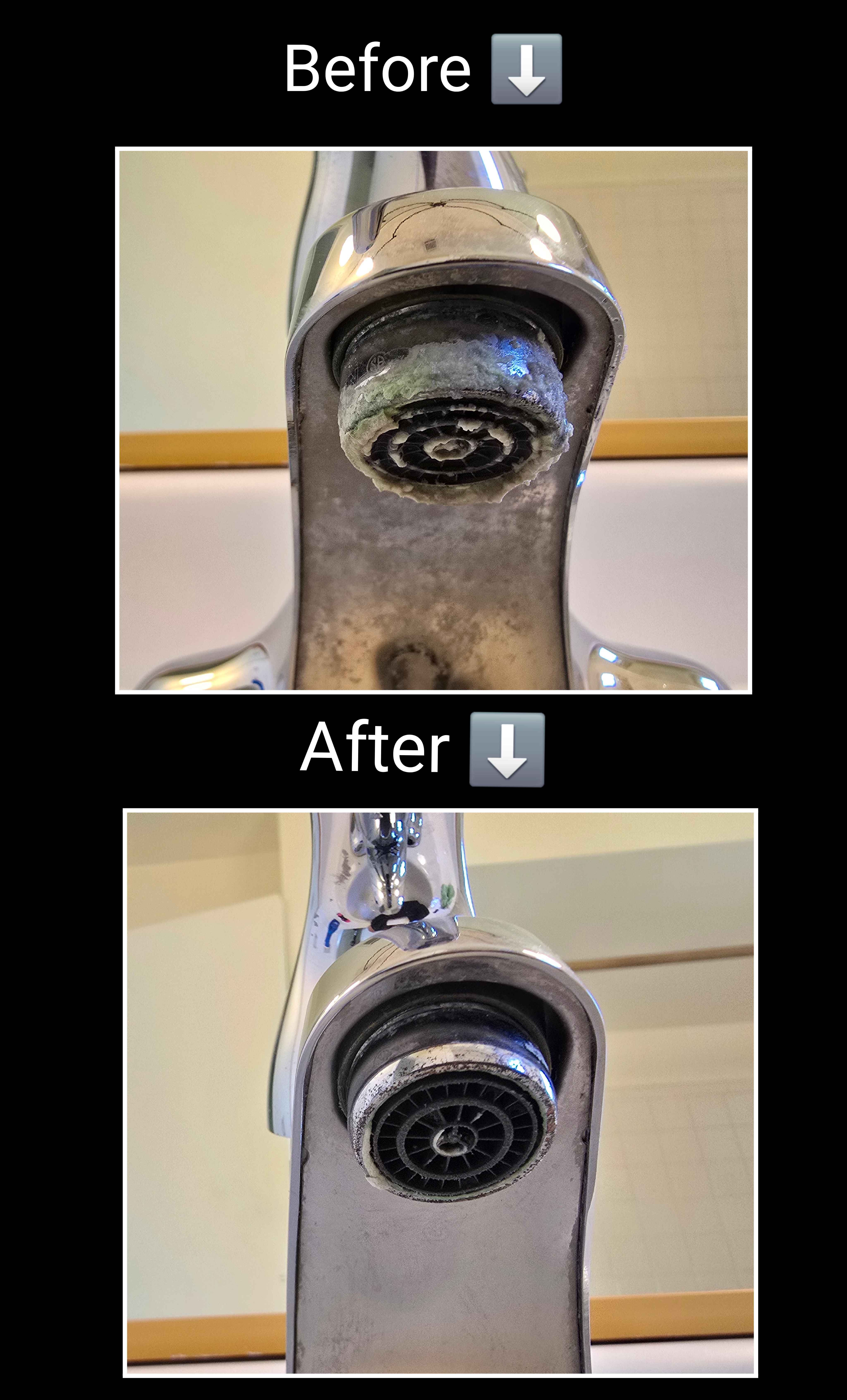 Before and after: Faucet aerator — scale cleared for better flow