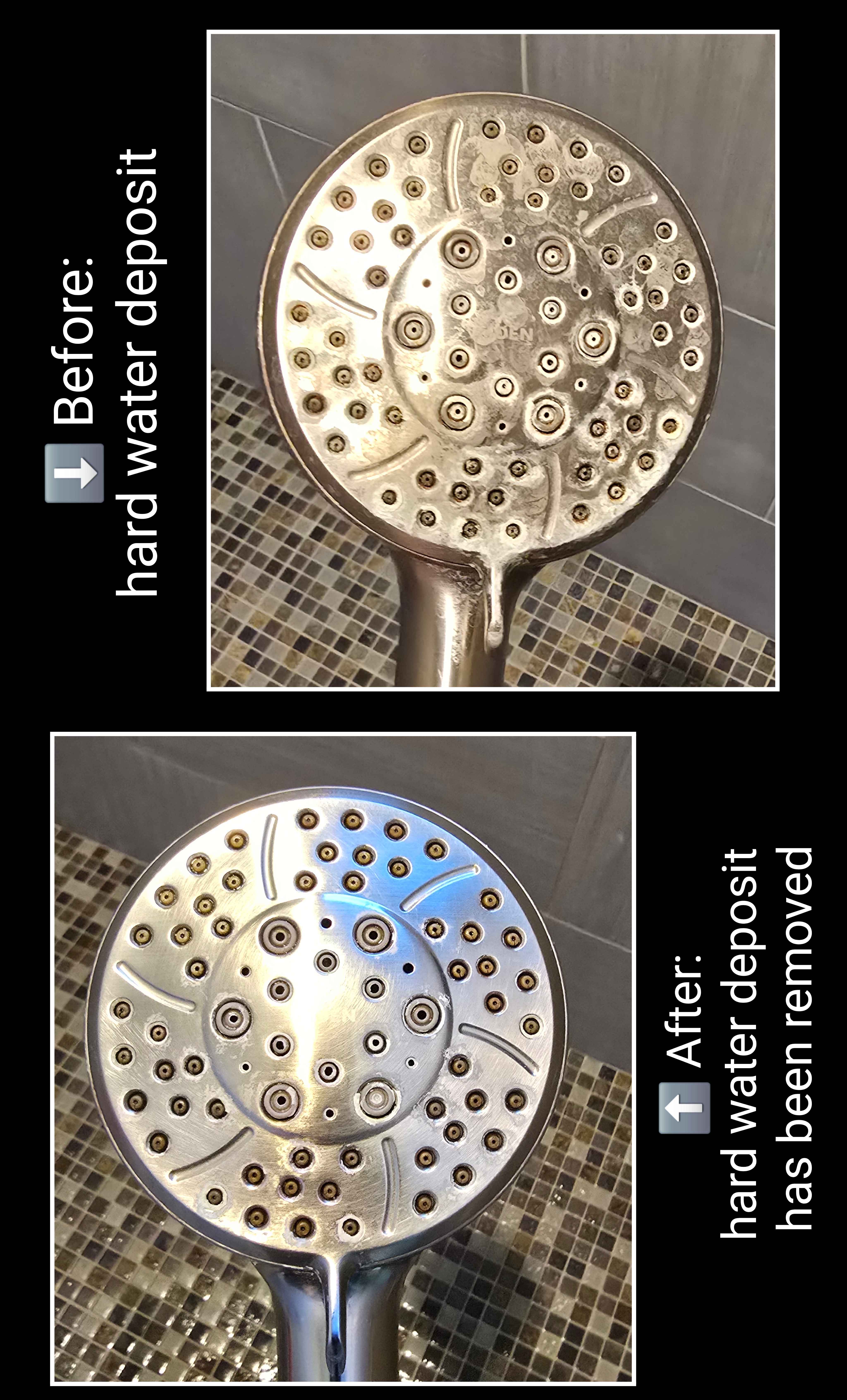 Before and after: Handheld shower head — hard-water deposit removed