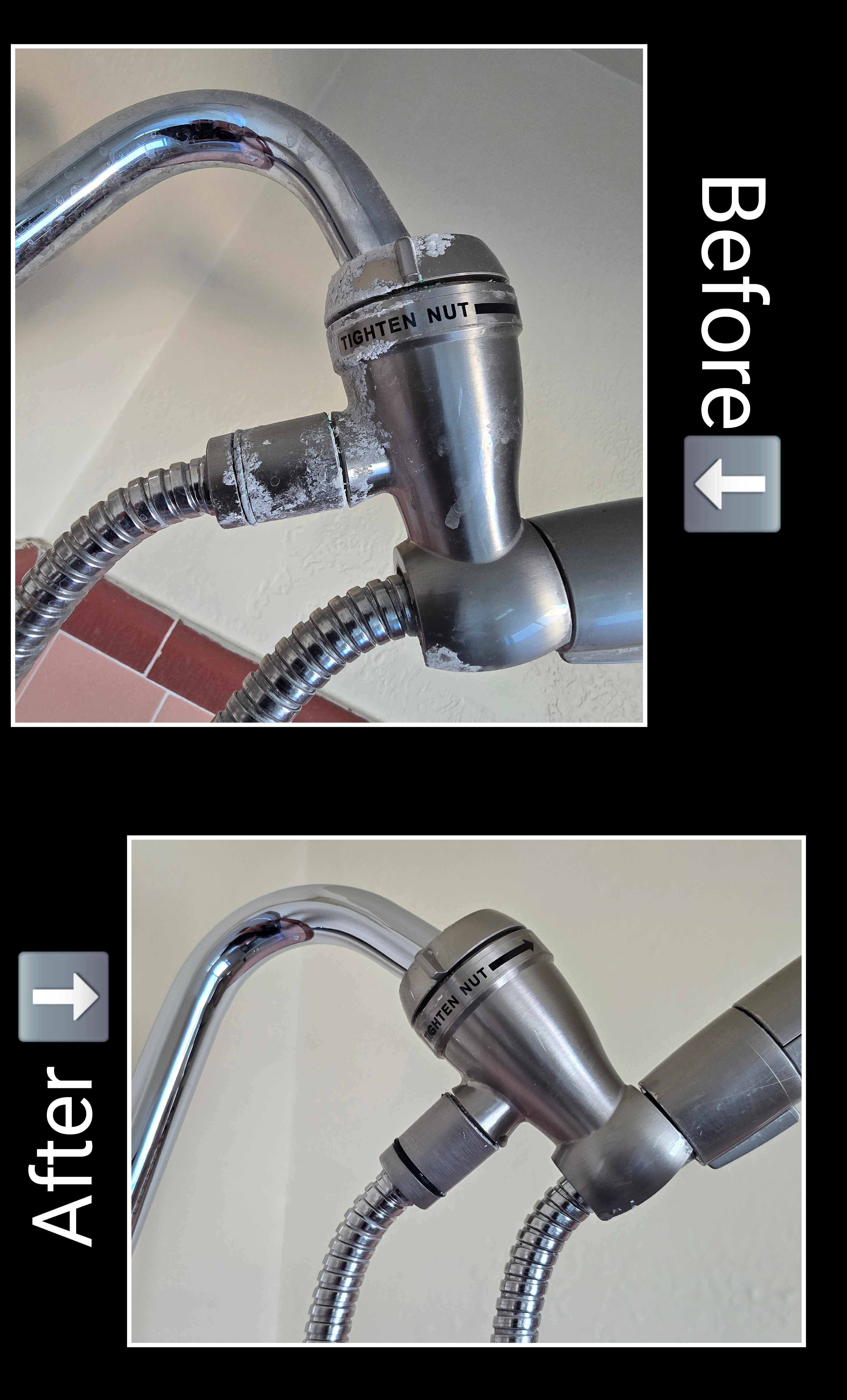 Before and after: Shower valve & fittings descaled and polished