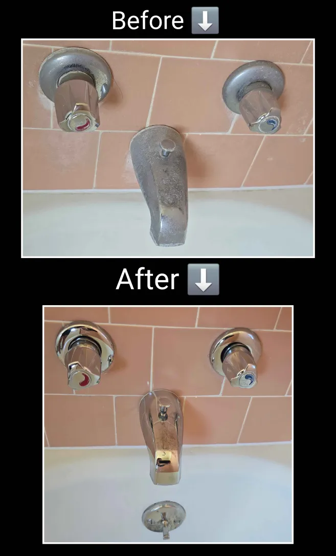 Before and after: Tub faucet & handles — mineral buildup removed
