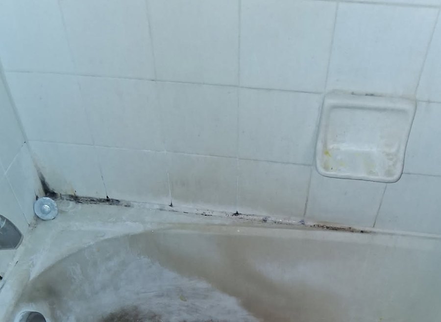 Bathtub surround, mould in the caulk line and hard water removed — before