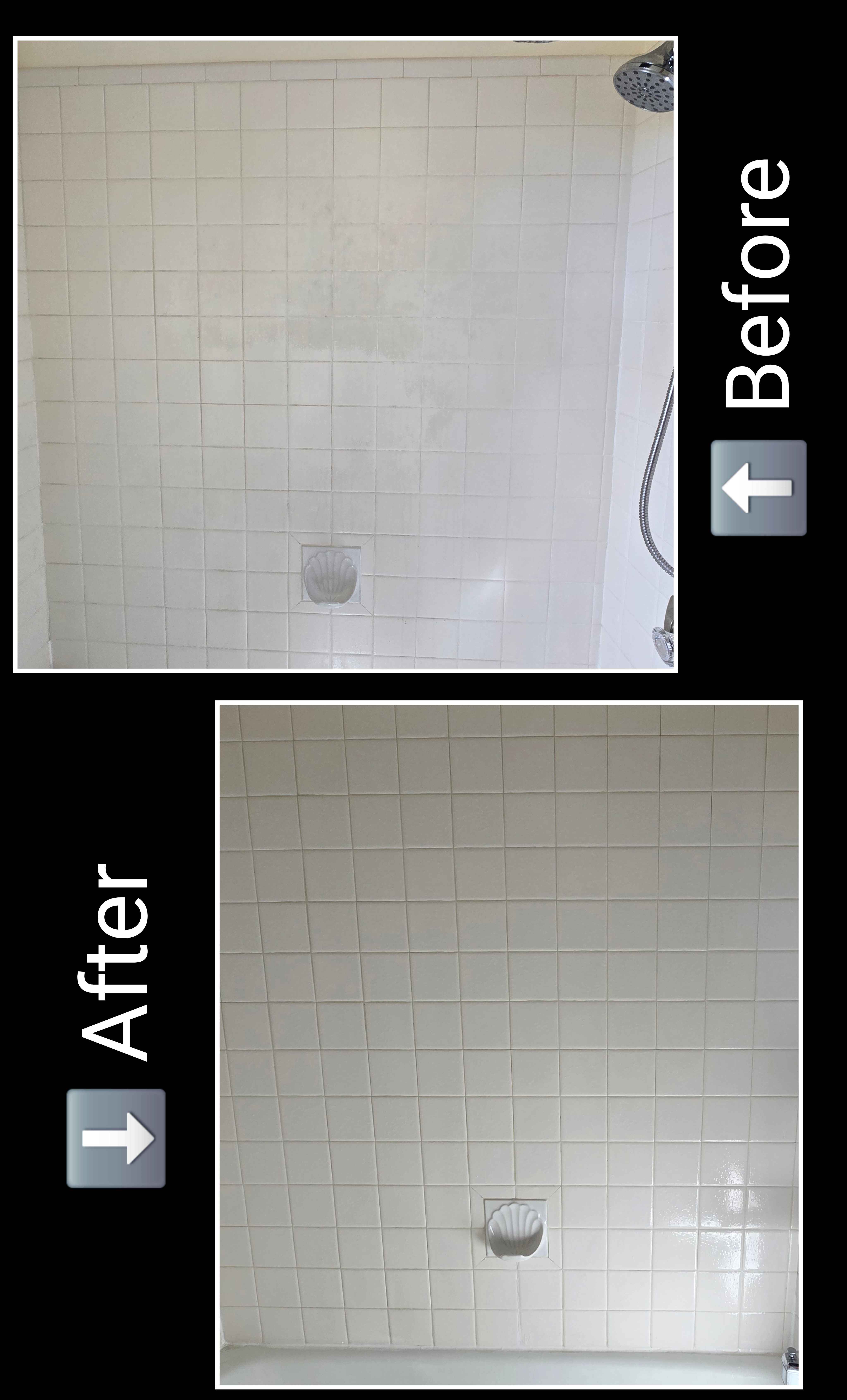 Before and after: Shower wall tile — grime and film removed